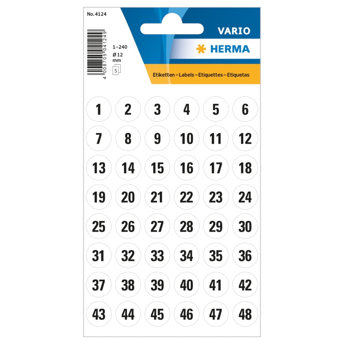 Herma Vario Sticker Dots with Numbers 1-240, 12mm, 1set/pack, Black on White