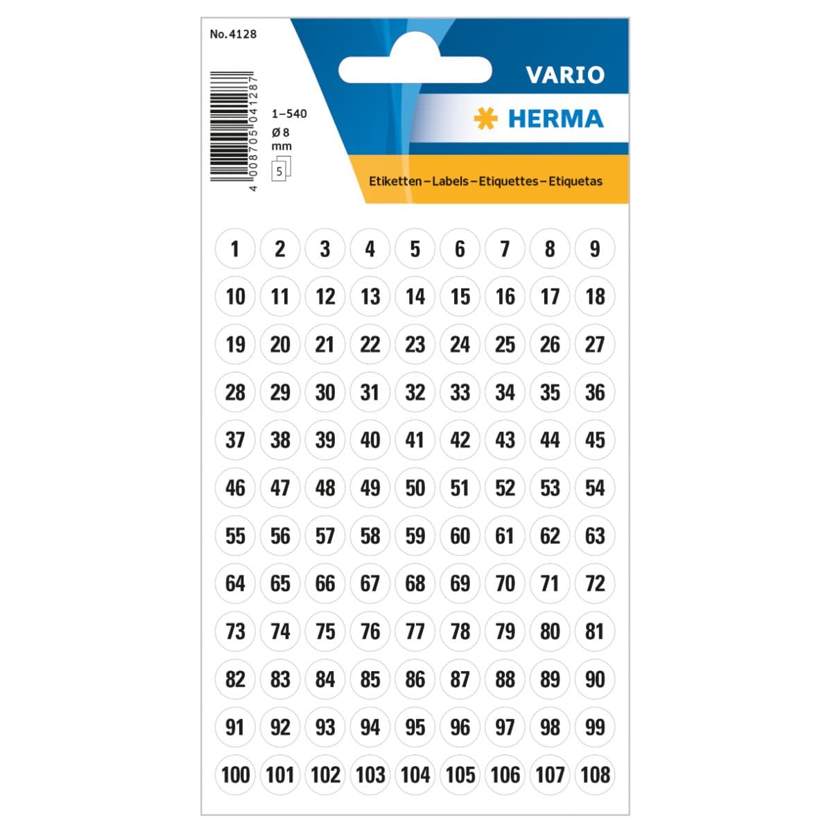 Herma Vario Sticker Dots with Numbers 1-540, 8mm, 1set/pack, Black on White