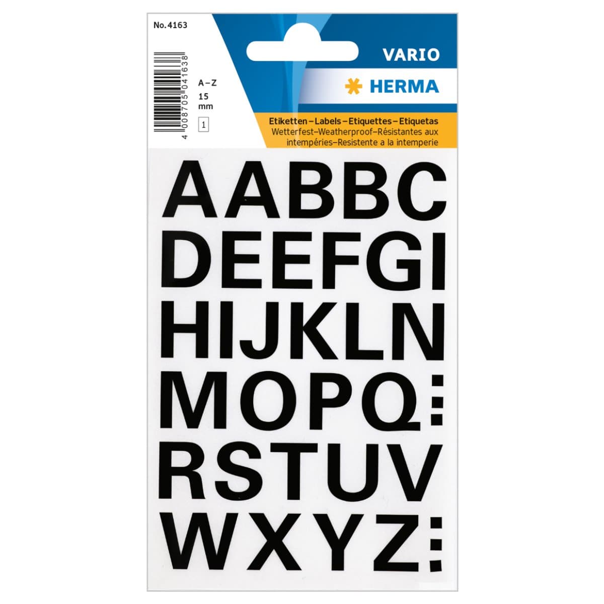 Herma Vario Sticker Letters A-Z, 15mm, weatherproof film, 1sheet/pack, Black