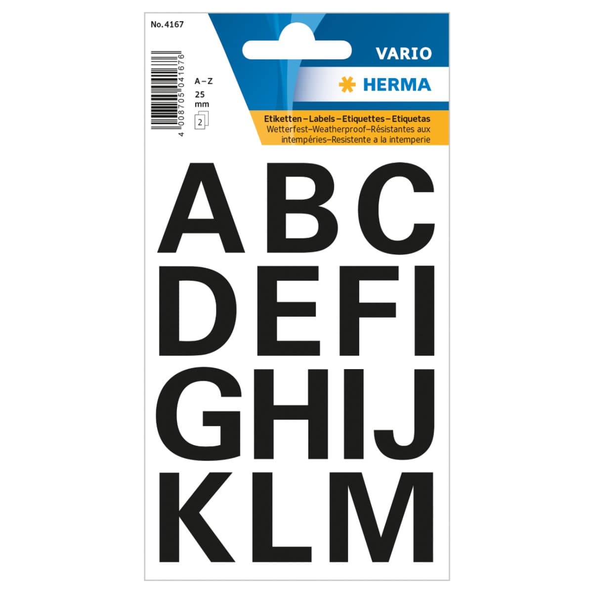 Herma Vario Sticker Letters A-Z, 25mm, weatherproof film, 2sheets/pack, Black