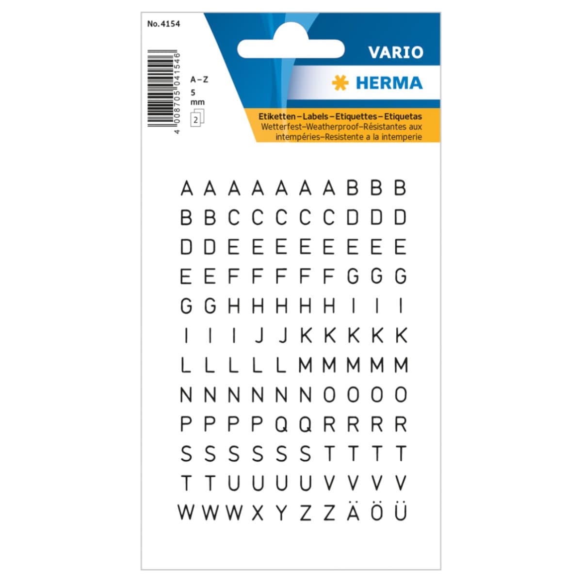 Herma Vario Sticker Letters A-Z, 5mm, weatherproof film, 2sheets/pack, Black on Clear