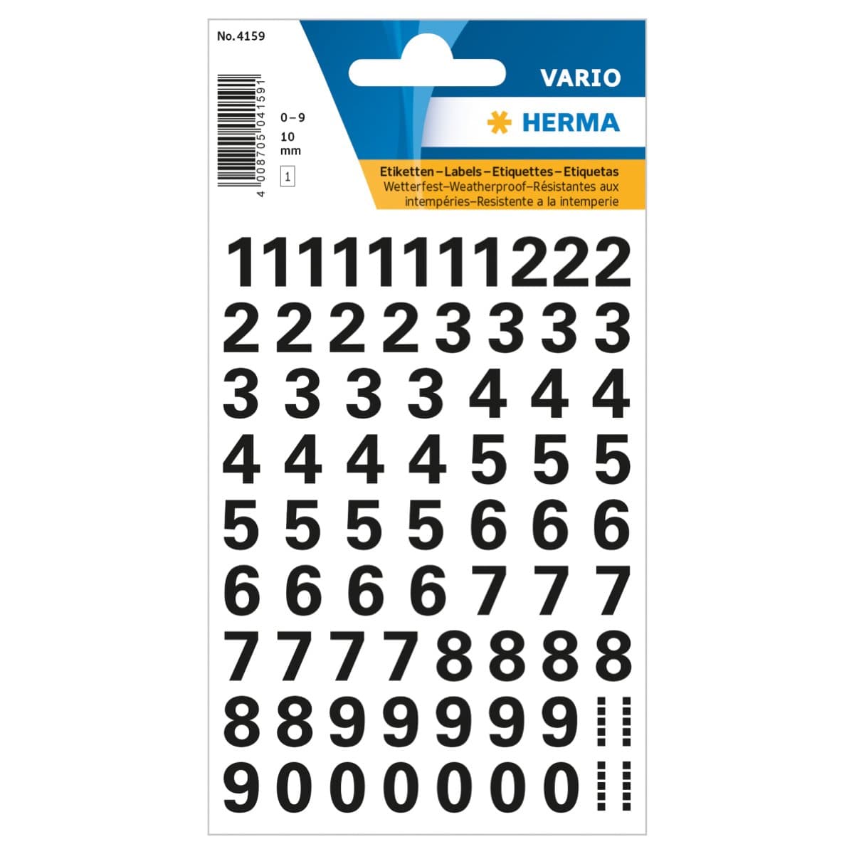 Herma Vario Sticker Numbers 0-9, 10mm, weatherproof film, 1sheet/pack, Black
