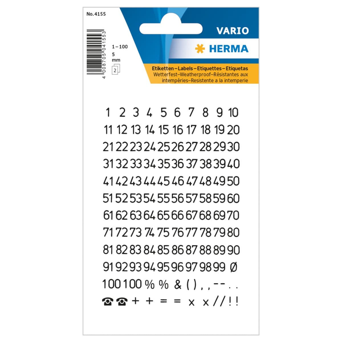 Herma Vario Sticker Numbers 1-100, 5mm, weatherproof film, 2sheets/pack, Black on Clear