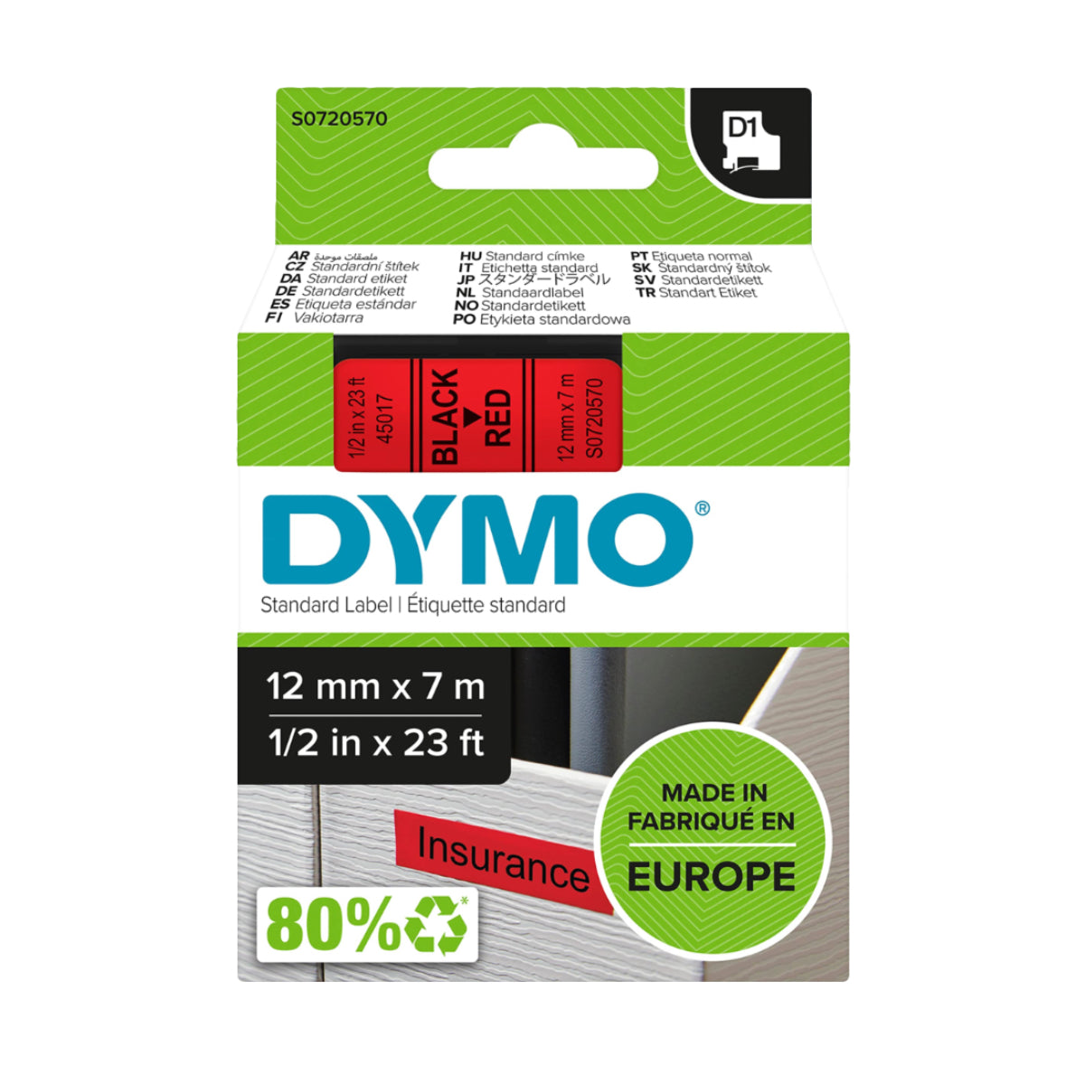 Dymo D1 Label Cassette, 12 mm x 7 m, Black on Red - 45017
