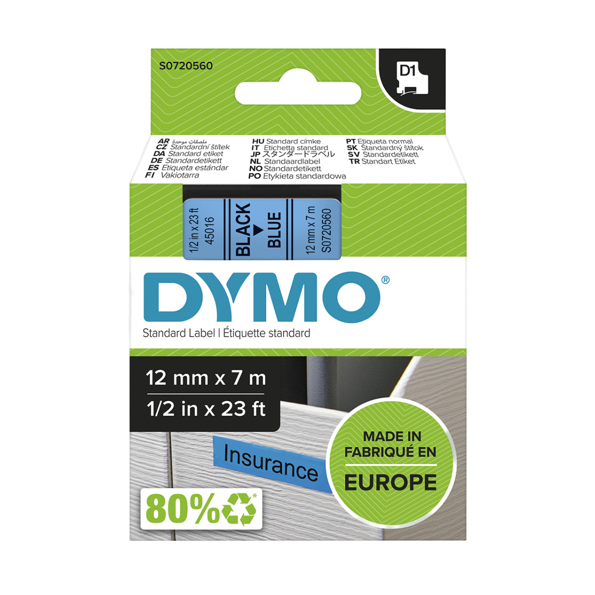 Dymo D1 Label Cassette, 12 mm x 7 m, Black on Blue - 45016
