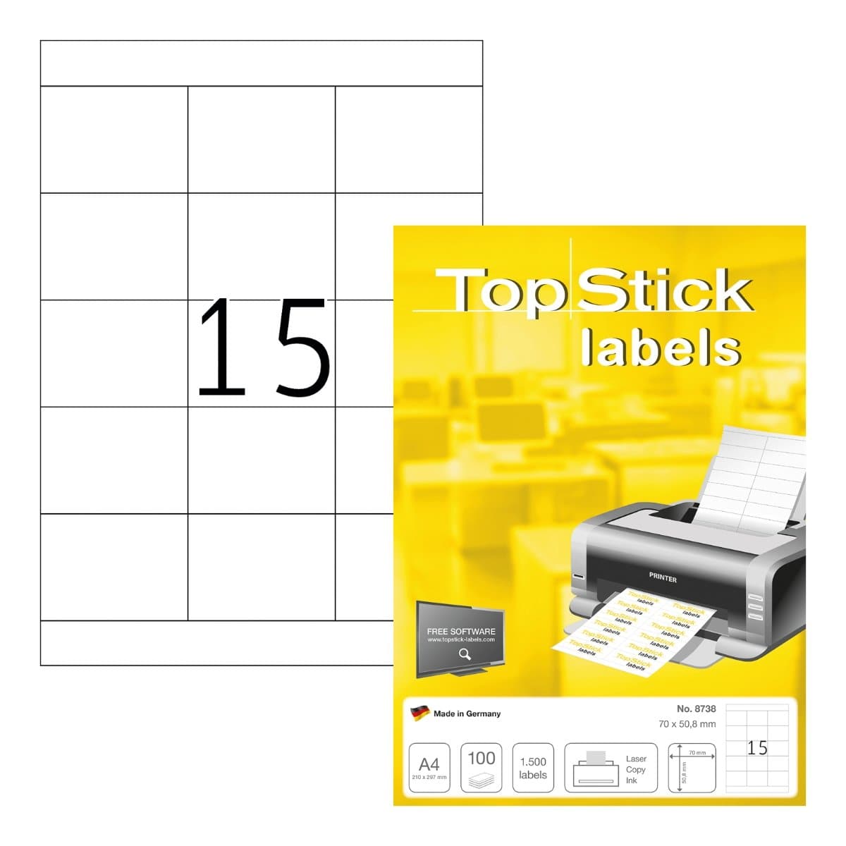 TopStick labels 15 labels/sheet, sharp corners, 70 x 50.8 mm, 100sheets/pack, White