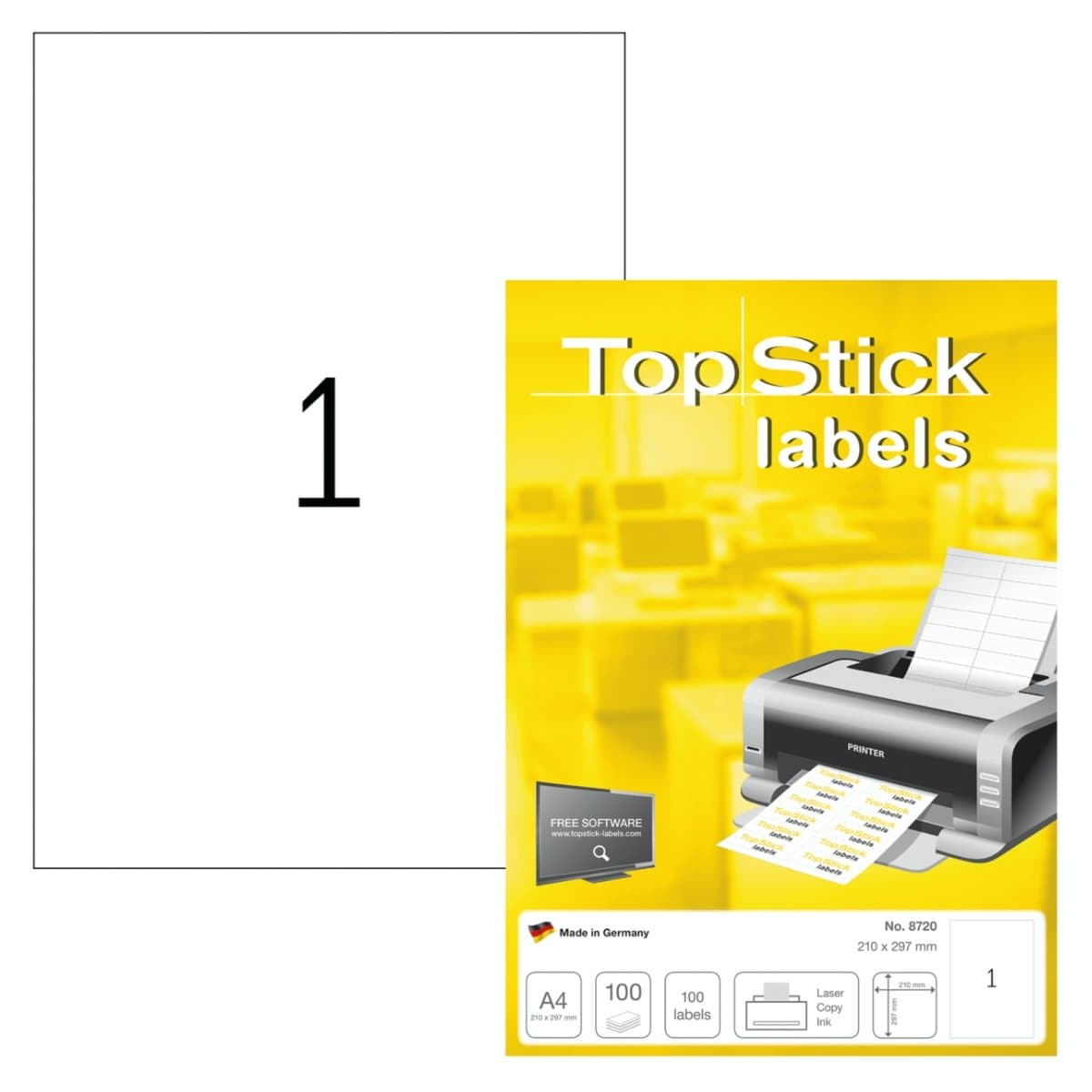 TopStick labels 1 label/sheet, sharp corners, A4 210 x 297 mm, 100sheets/pack, White