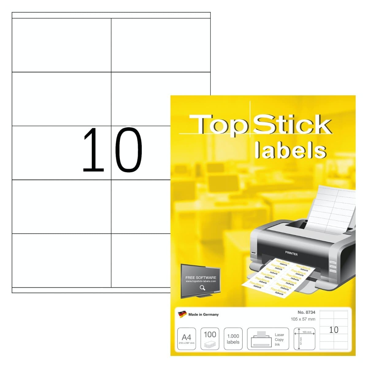 TopStick labels 10 labels/sheet, sharp corners, 105 x 57 mm, 100sheets/pack, White
