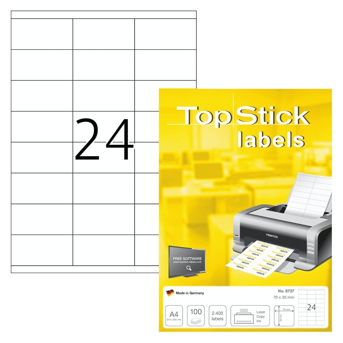 TopStick labels 24 labels/sheet, sharp corners, 70 x 35 mm, 100sheets/pack, White