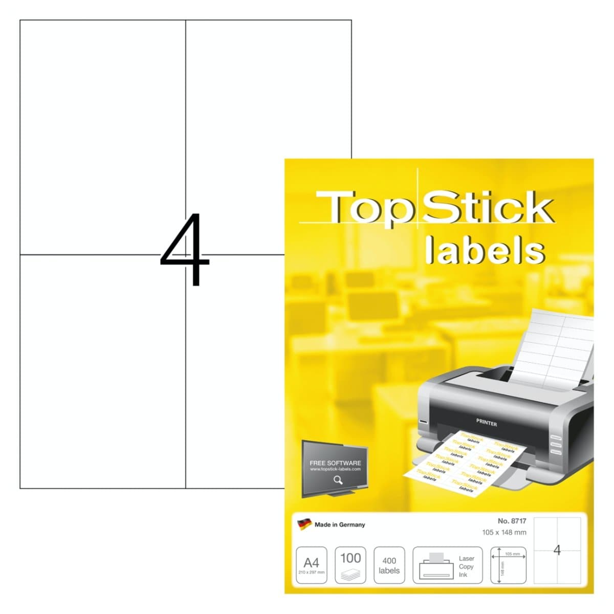 TopStick labels 4 labels/sheet, sharp corners, 105 x 148 mm, 100sheets/pack, White