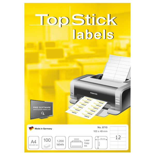 TopStick labels 12 labels/sheet, sharp corners, 105 x 48 mm, 100sheets ...