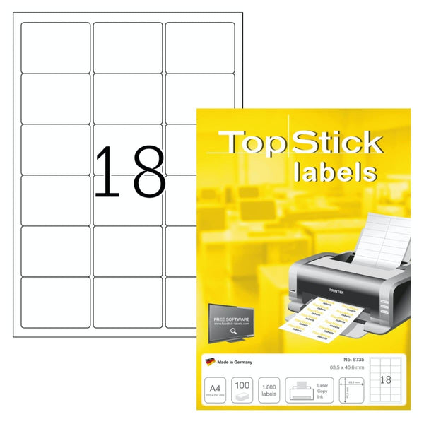 TopStick labels 18 labels/sheet, round corners, 63.5 x 46.6 mm, 100she ...