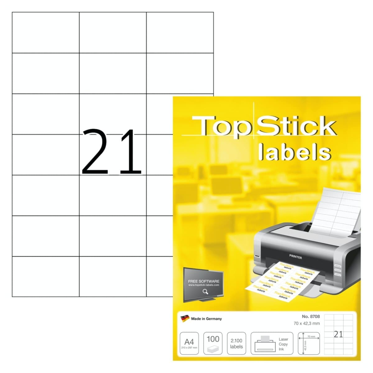 TopStick labels 21 labels/sheet, sharp corners, 70 x 42.3 mm, 100sheets/pack, White