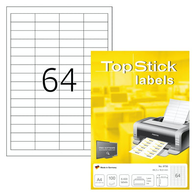 TopStick labels 64 labels/sheet, sharp corners, 48.3 x 16.9 mm, 100sheets/pack, White
