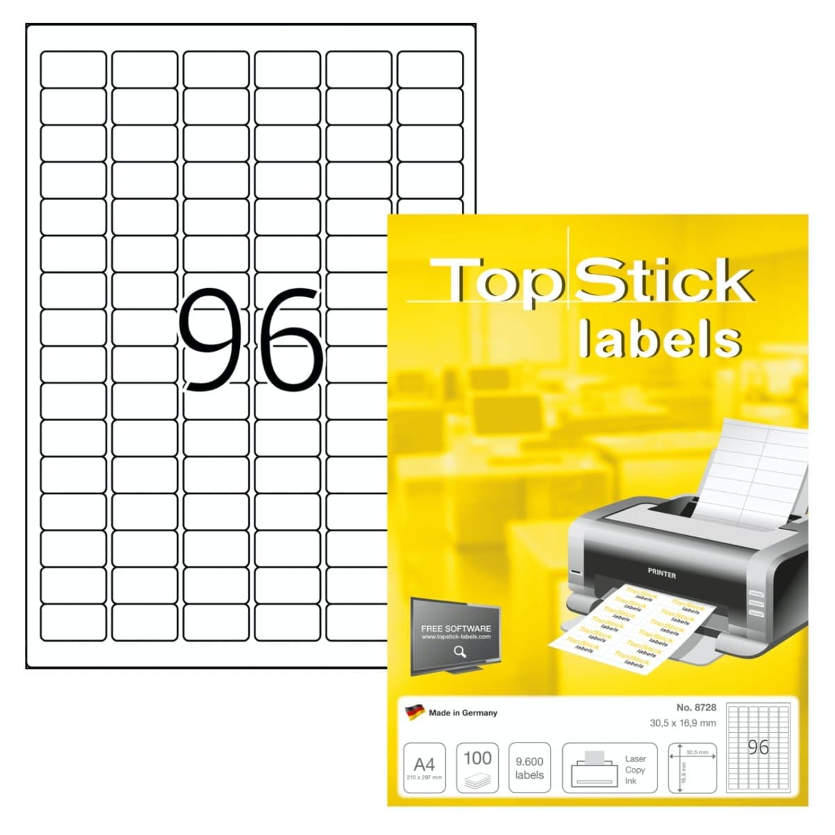 TopStick labels 96 labels/sheet, round corners, 30.5 x 16.9 mm, 100sheets/pack, White