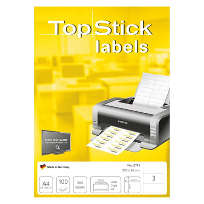 TopStick labels 3 labels/sheet, sharp corners, 210 x 99 mm, 100sheets/pack, White