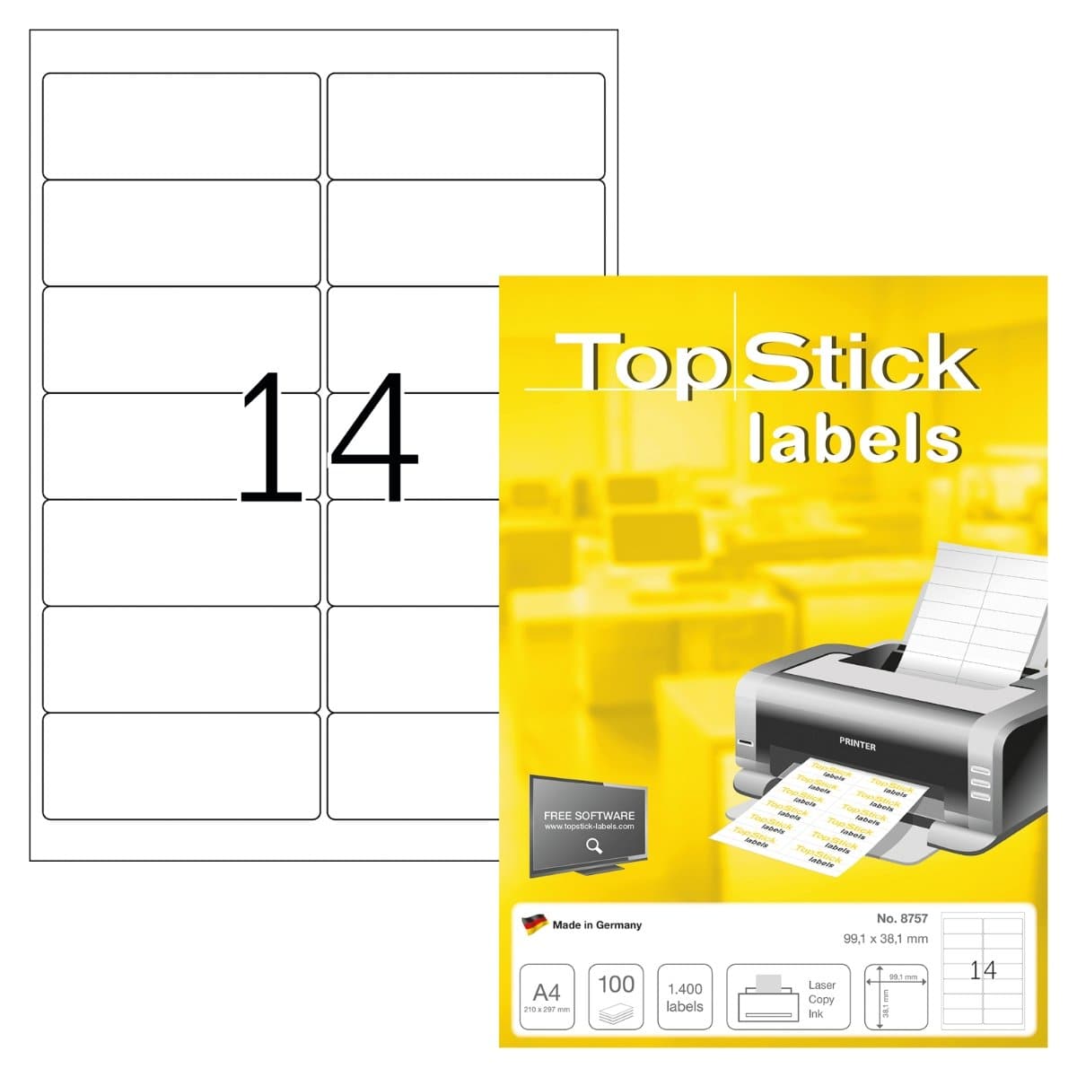 TopStick labels 14 labels/sheet, round corners, 99.1 x 38.1 mm, 100sheets/pack, White