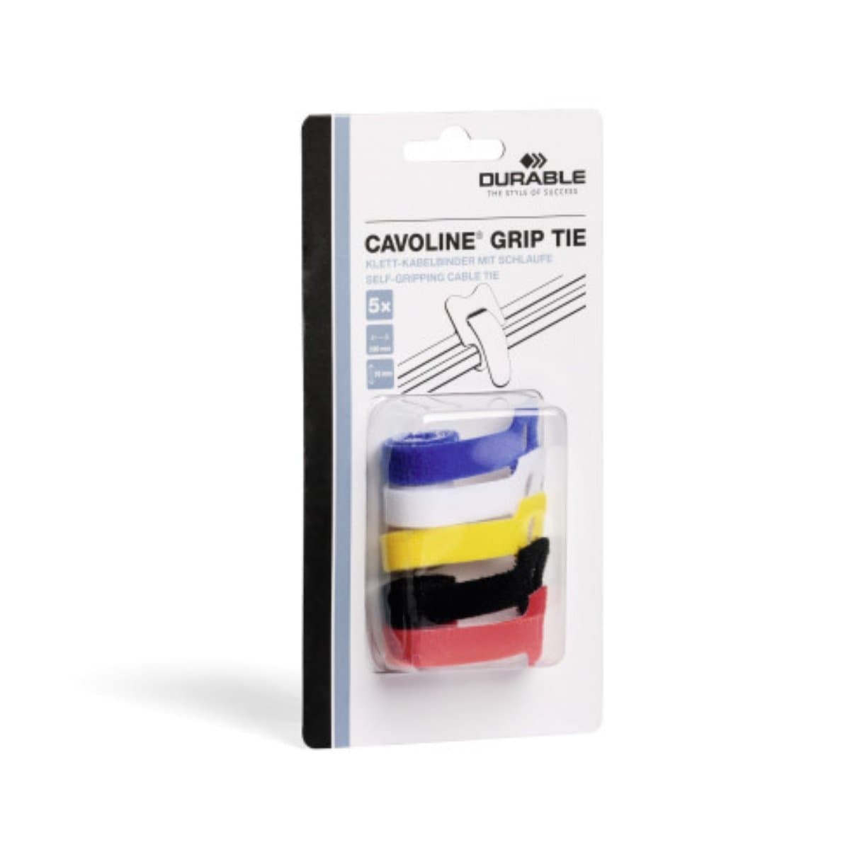 Durable CAVOLINE Hook & Loop Cable Ties,  10 x 200 mm, 5/pack, Assorted Colors