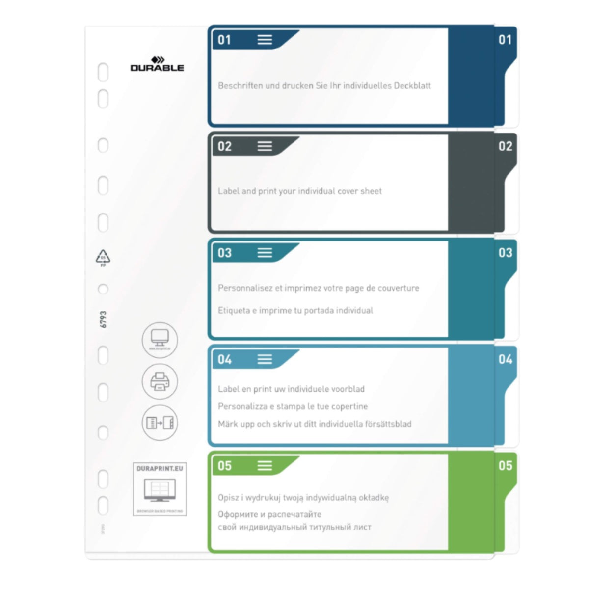 Durable Divider Colored A4+, made of PP, printable, 5 Tabs