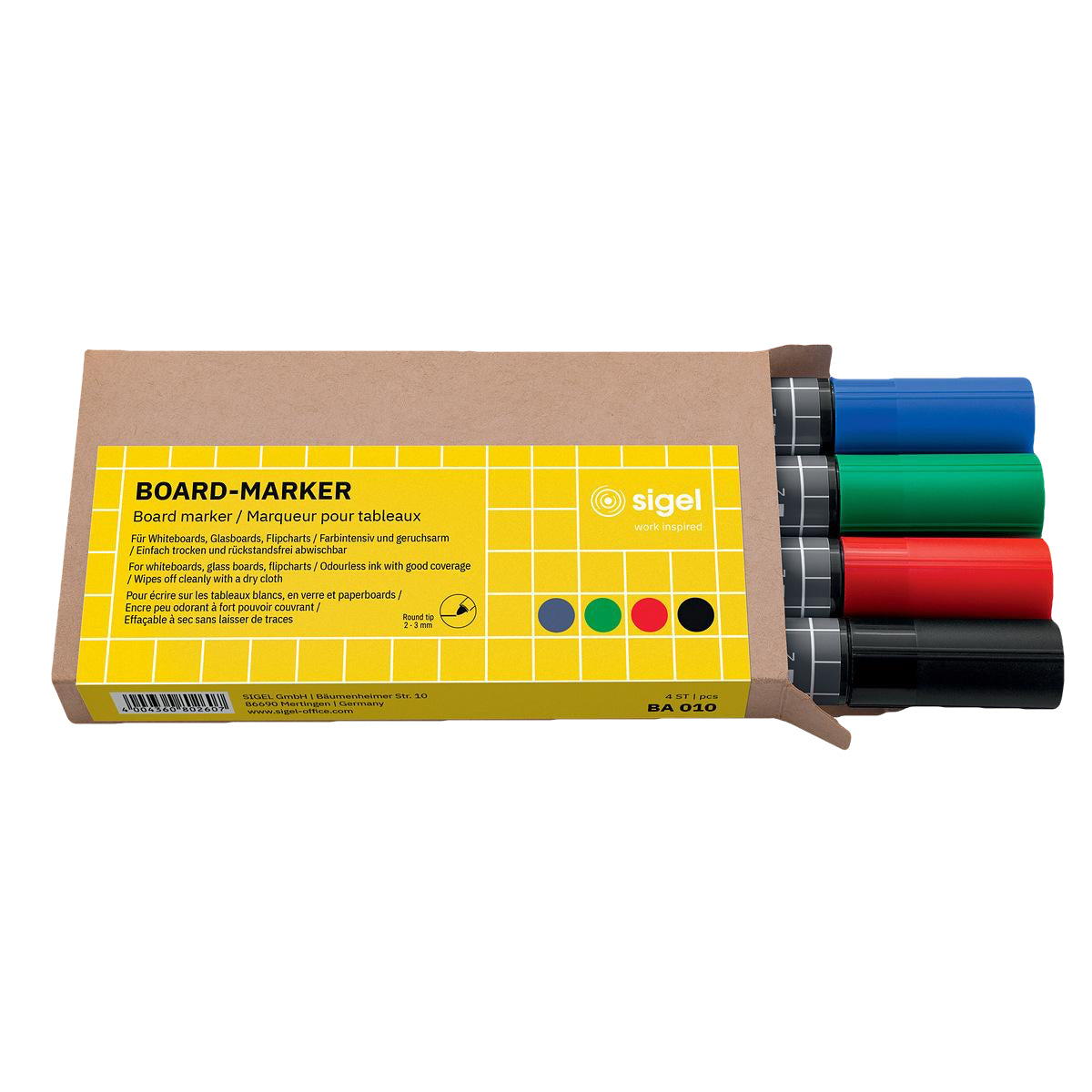 Sigel Glass Board Markers, 2-3 mm round nib, 4/set, Blue/Red/Green/Black