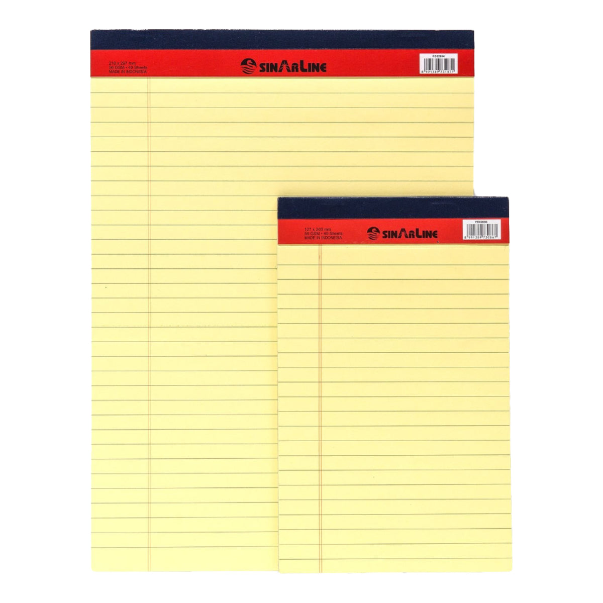 Sinarline Legal Pad, line ruled, 56gsm, 50sheets/pad, Yellow, Assorted Sizes