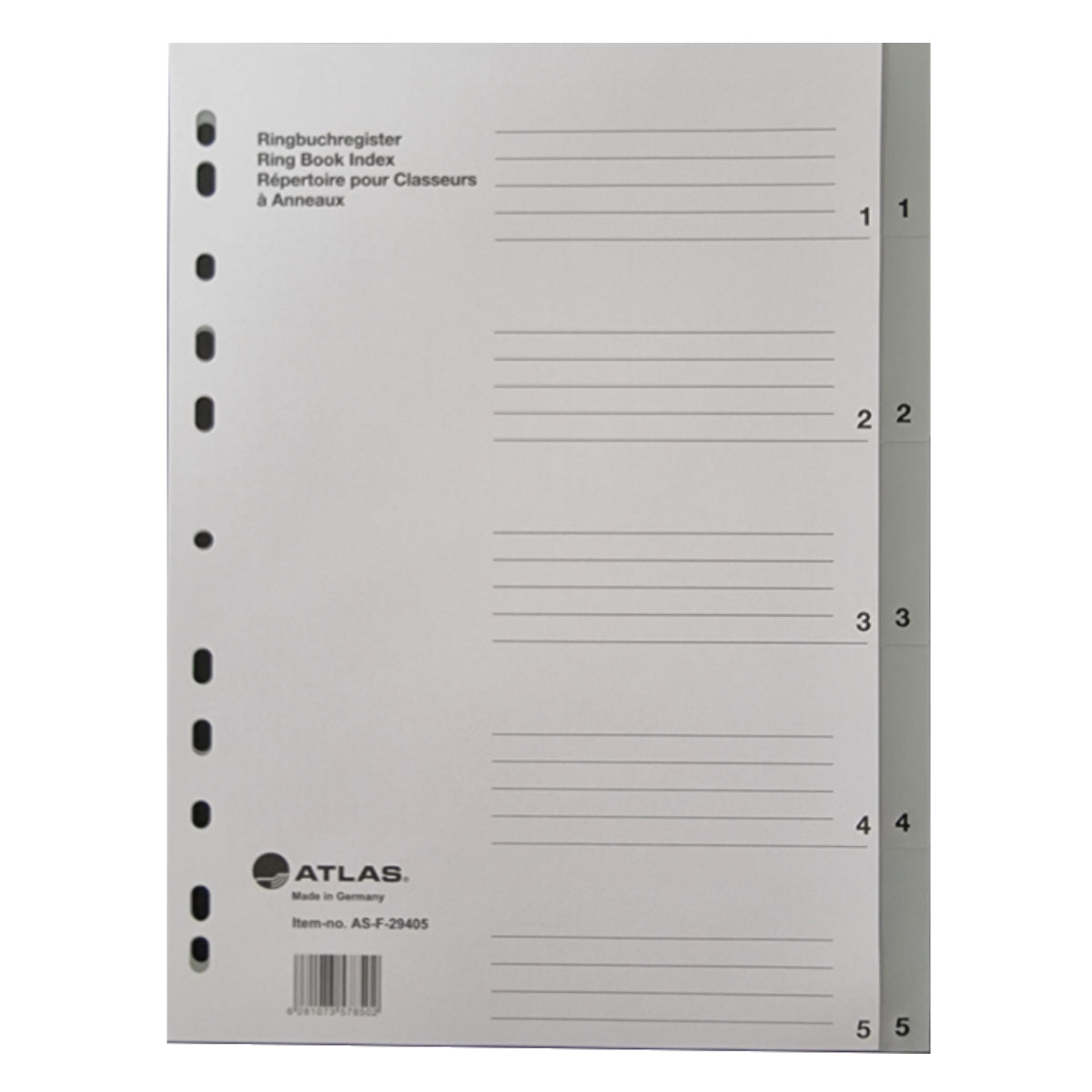 Atlas Divider Plastic PVC Grey A4, with numbers 1- 5