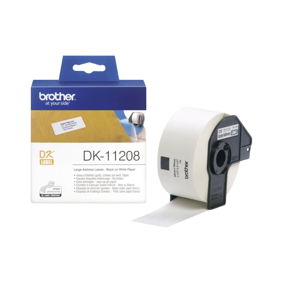 Brother DK-11208 Large Address Labels, 38 x 90 mm, 400/roll, White