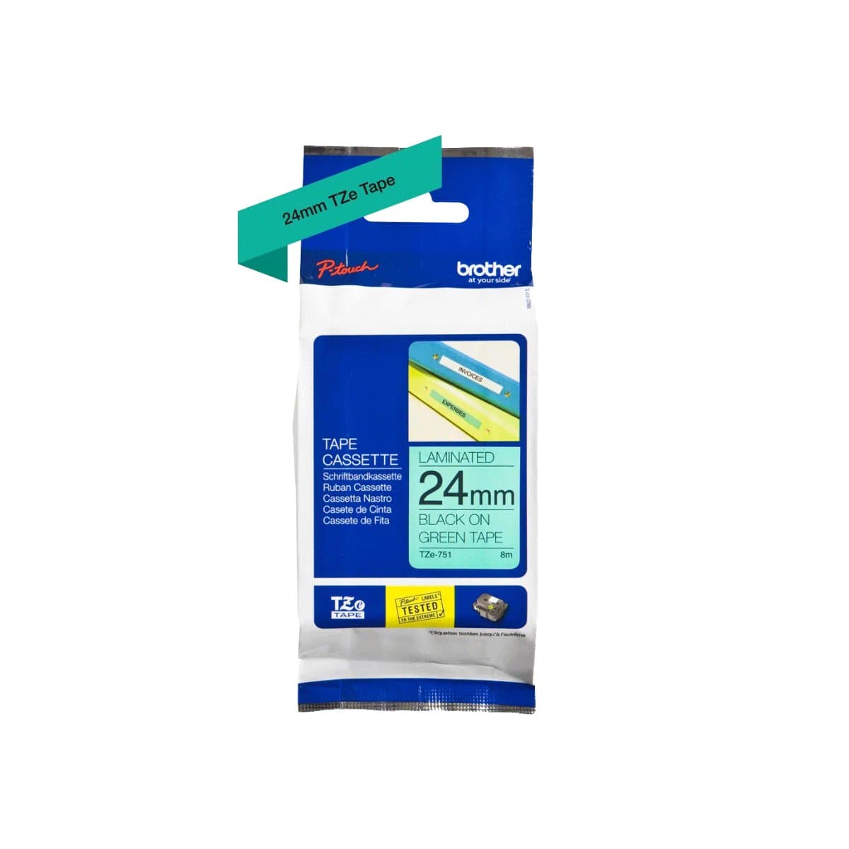 Brother P-touch 24mm TZ-751 Laminated Tape, 8 m, Black on Green