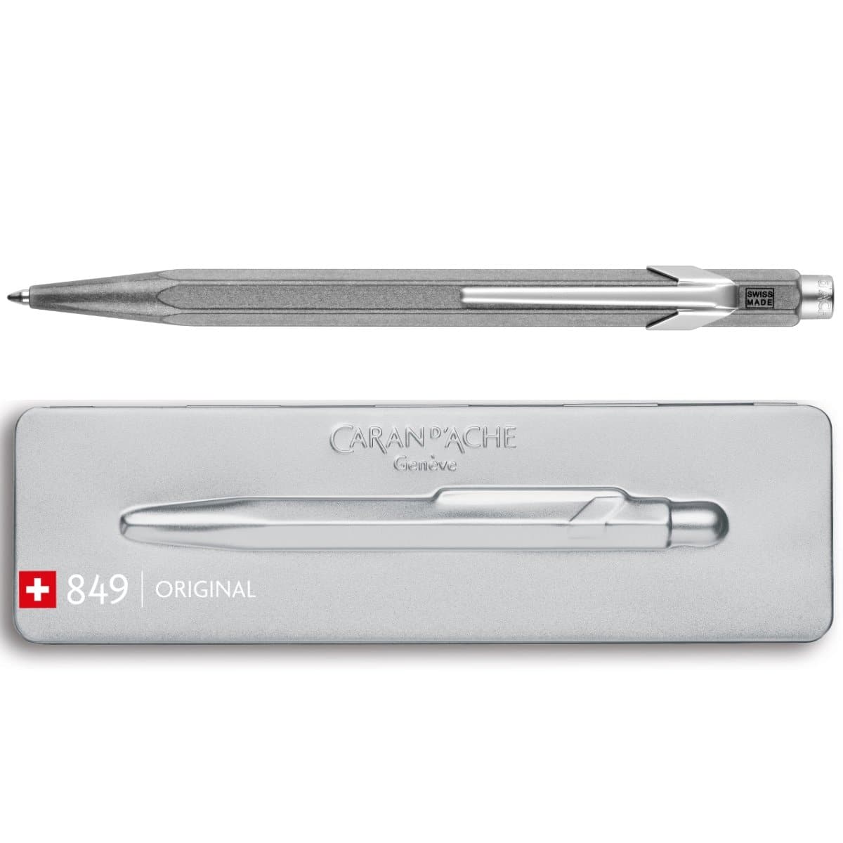 CARAN d'ACHE 849 Ballpoint Pen with Box, ORIGINAL, 0.25mm, Grey/Silver