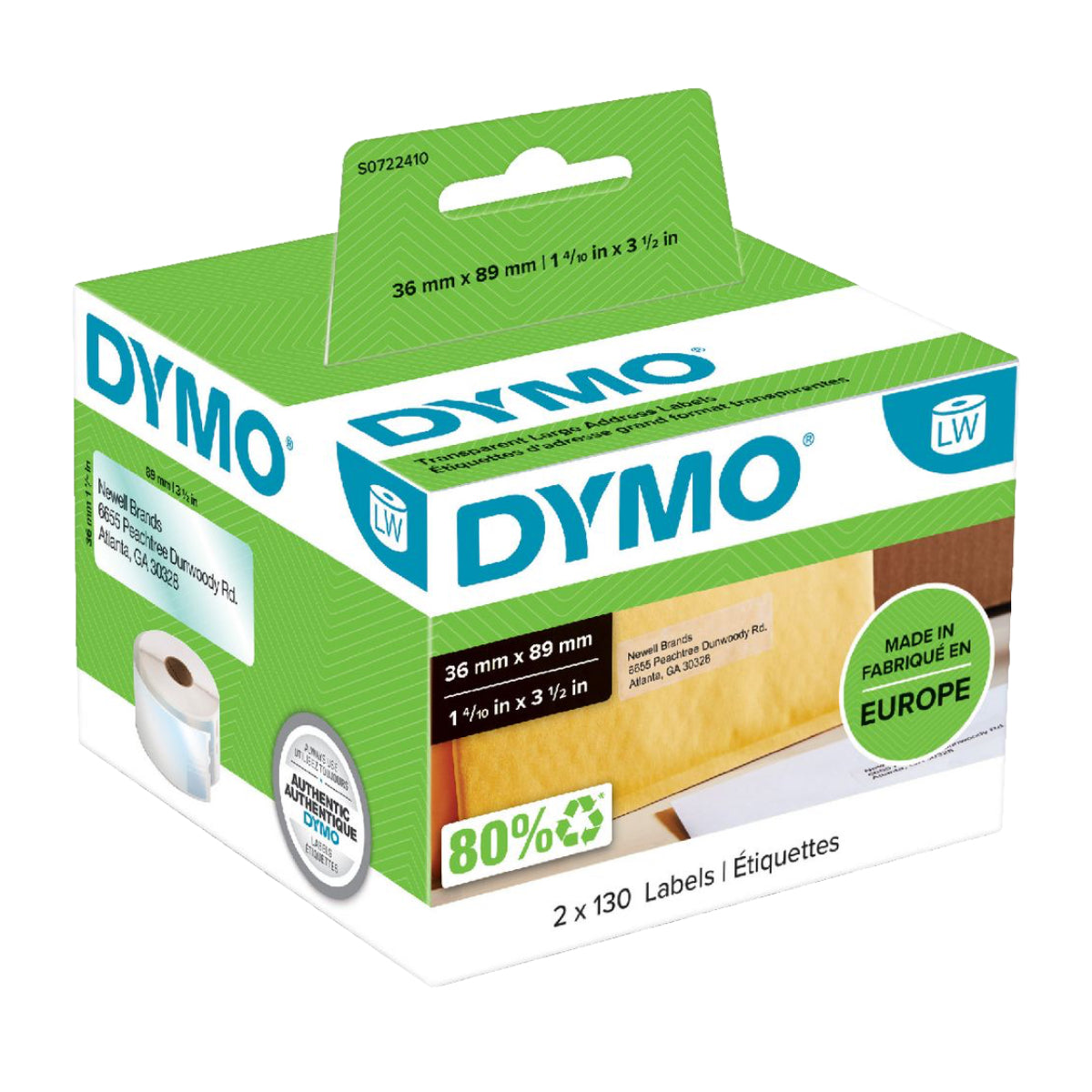 Dymo LW Transparent Large Address Labels, 36 x 89 mm, 260/roll, Clear - 99013