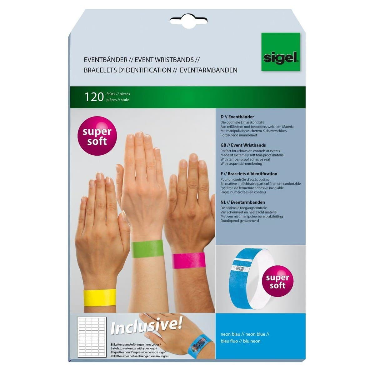 Sigel Event Wristbands Super Soft, adhesive seal, printable, 120/pack, Neon Blue