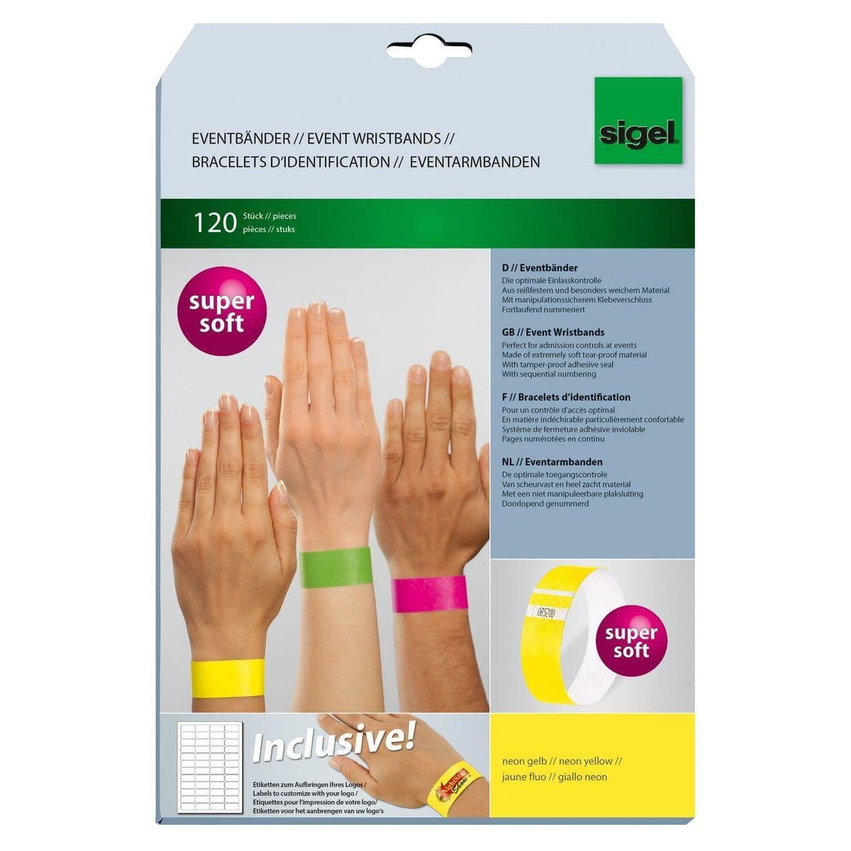 Sigel Event Wristbands Super Soft, adhesive seal, printable, Neon Yellow