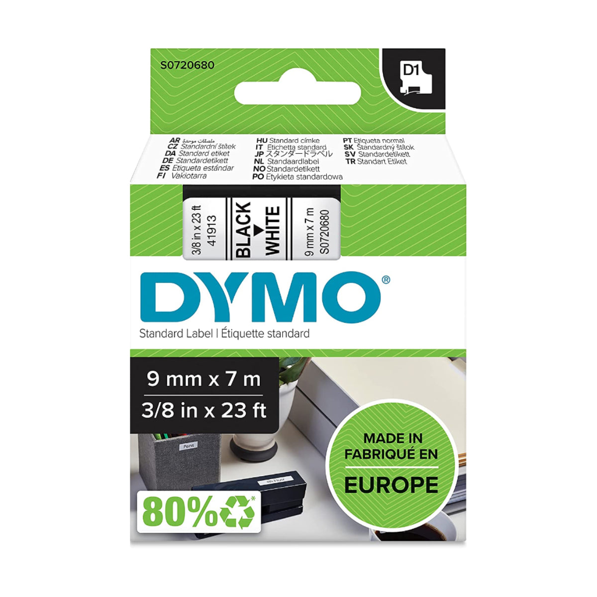 Dymo D1 Label Cassette, 9 mm x 7 m, Black on White - 41913