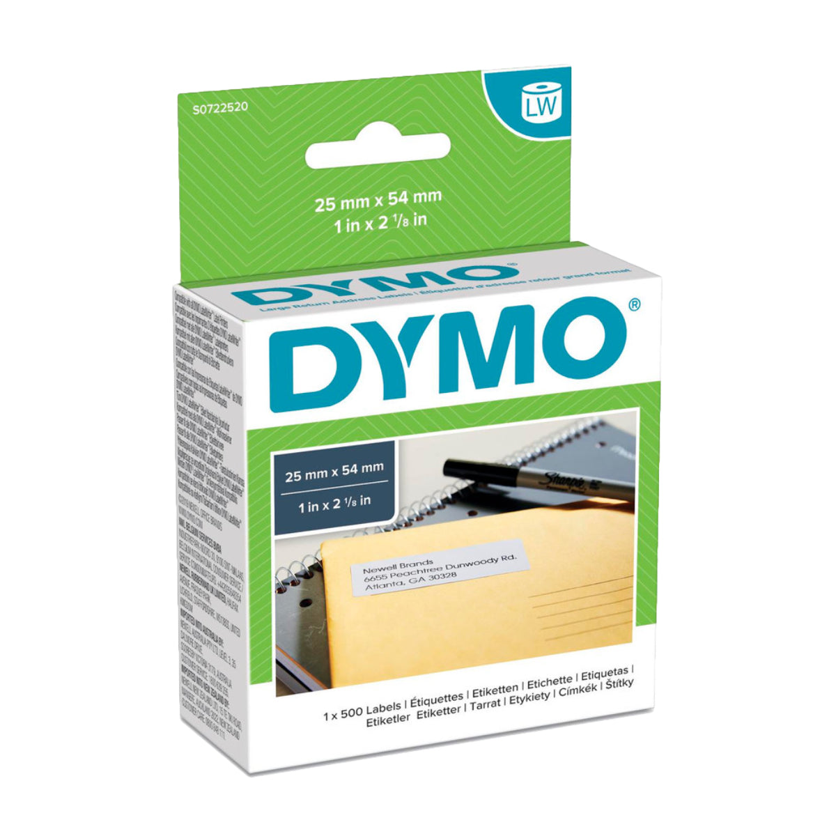 Dymo LW Large Return Address Labels, 25 x 54 mm, 500/roll, White - 11352