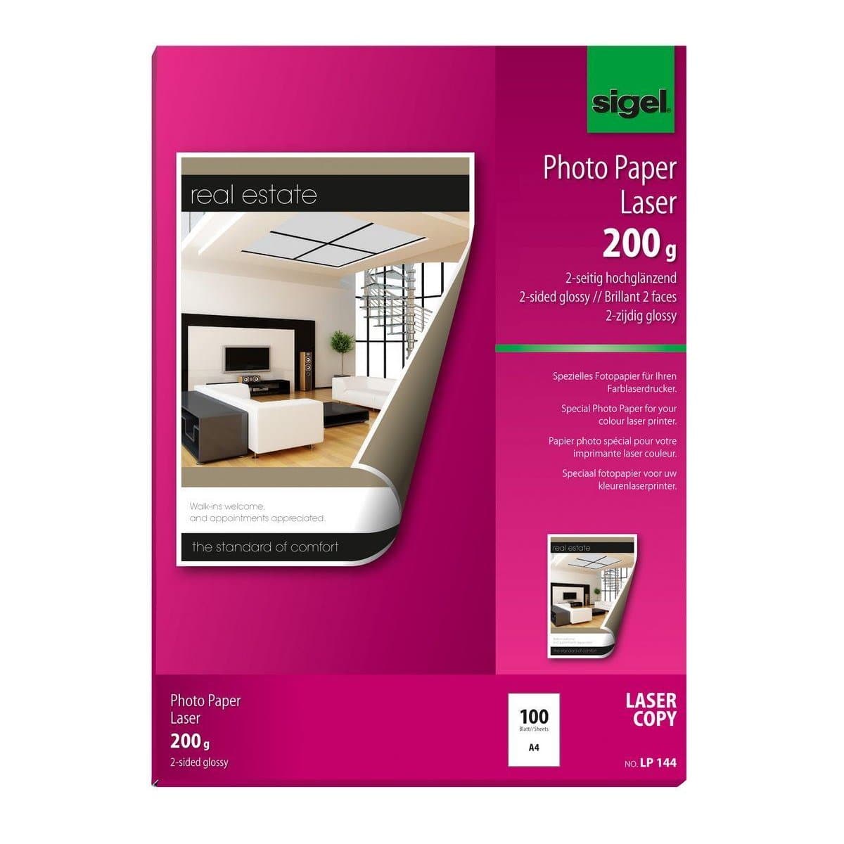 Sigel Photo Paper for Colour Laserprinter/Copier, 2-sided, A4, 200 gsm, 100 sheets, Glossy White