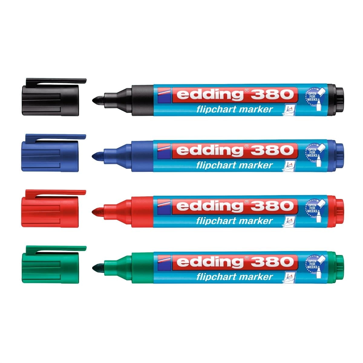 edding 380 Flipchart Marker, 1.5-3mm Bullet Tip, Set of 4, Black/Blue/Green/Red